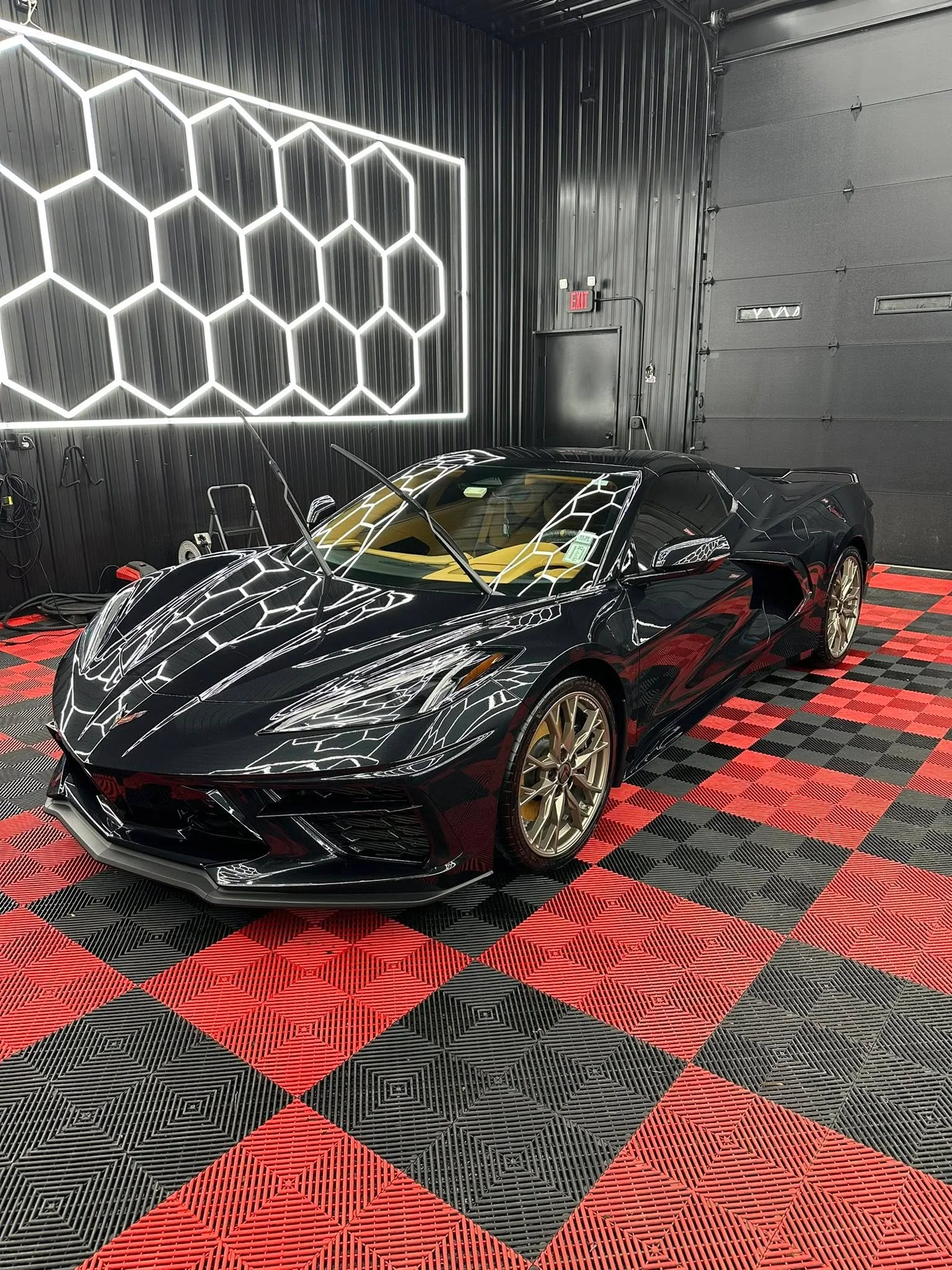 Black Corvette paint reflection after correction